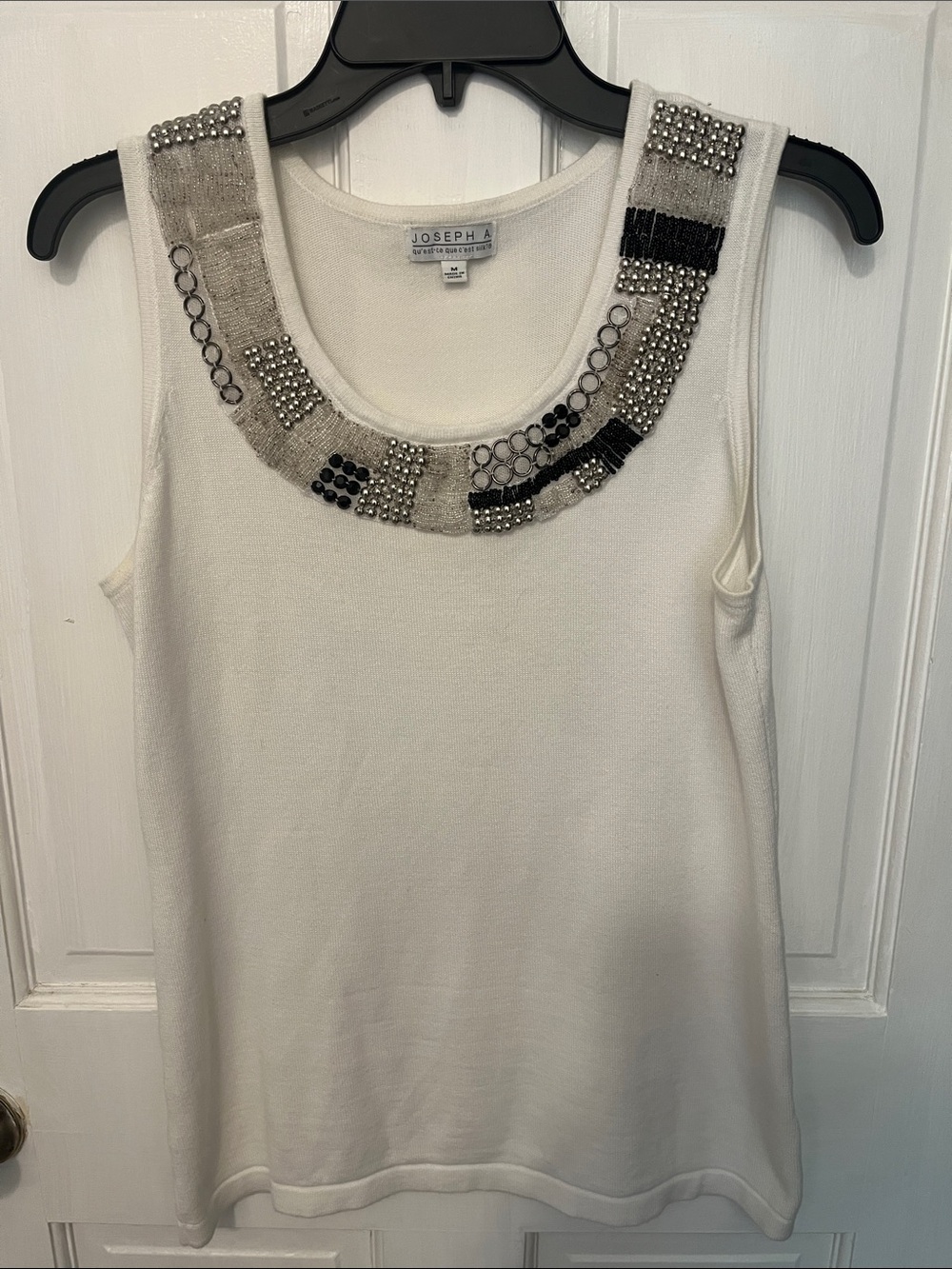 Joseph A White Sleeveless Tank with Beaded Neckline
